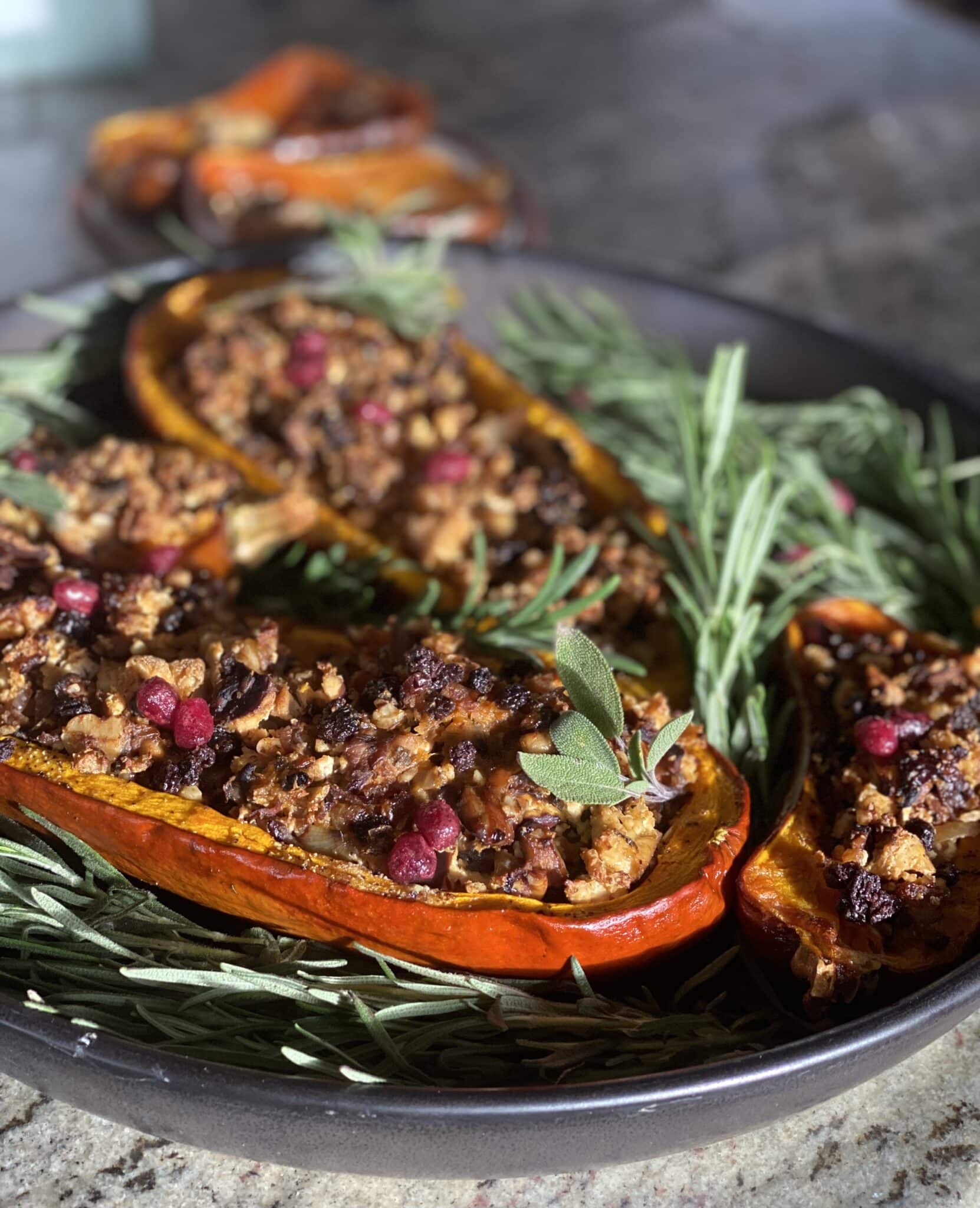 butternut squash filed with tofu and walnut filling.