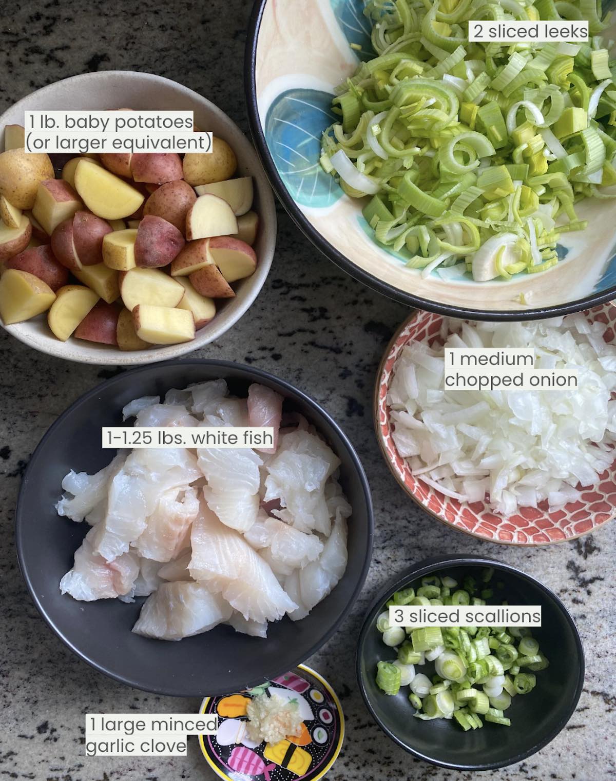 main stew ingredients portioned into bowls.