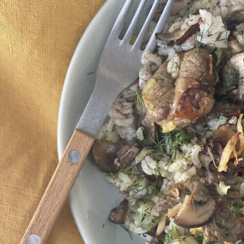 dish of lamb and rice with mushrooms and fresh herbs with fork at table