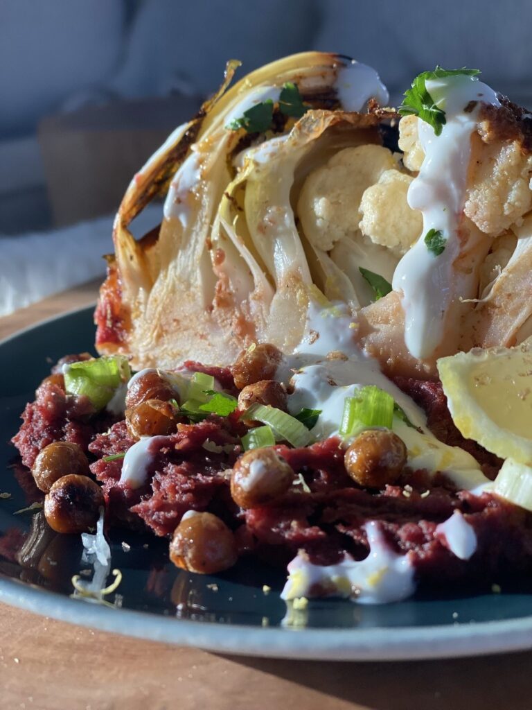 Whole Roasted Harissa Cauliflower Sheet Pan Dinner | Sofa Dinners