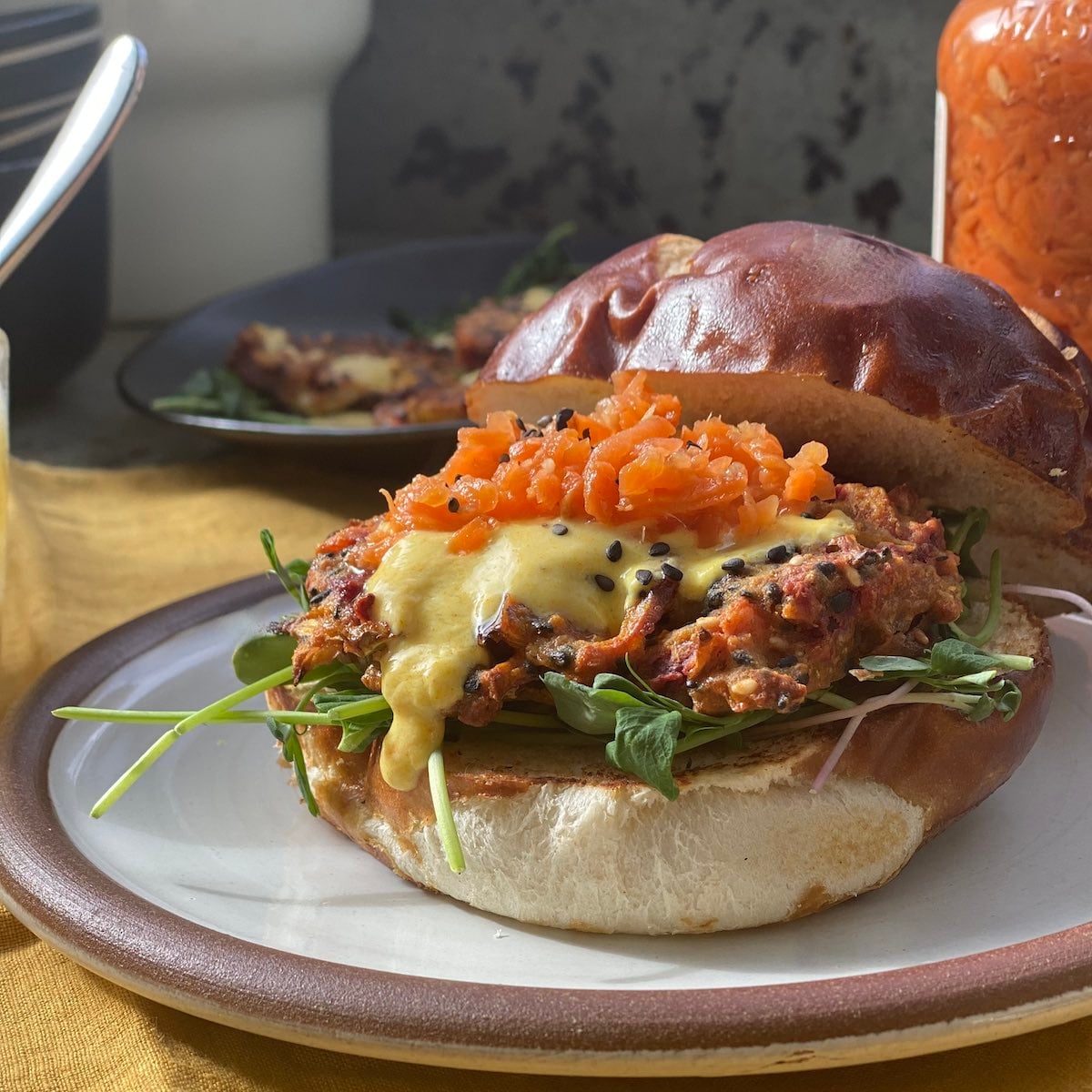 bhaji burger with all the toppings.