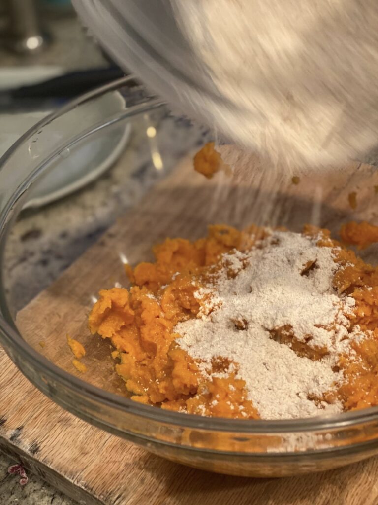 making sweet potato gnocchi dough with 2 simple ingredients.