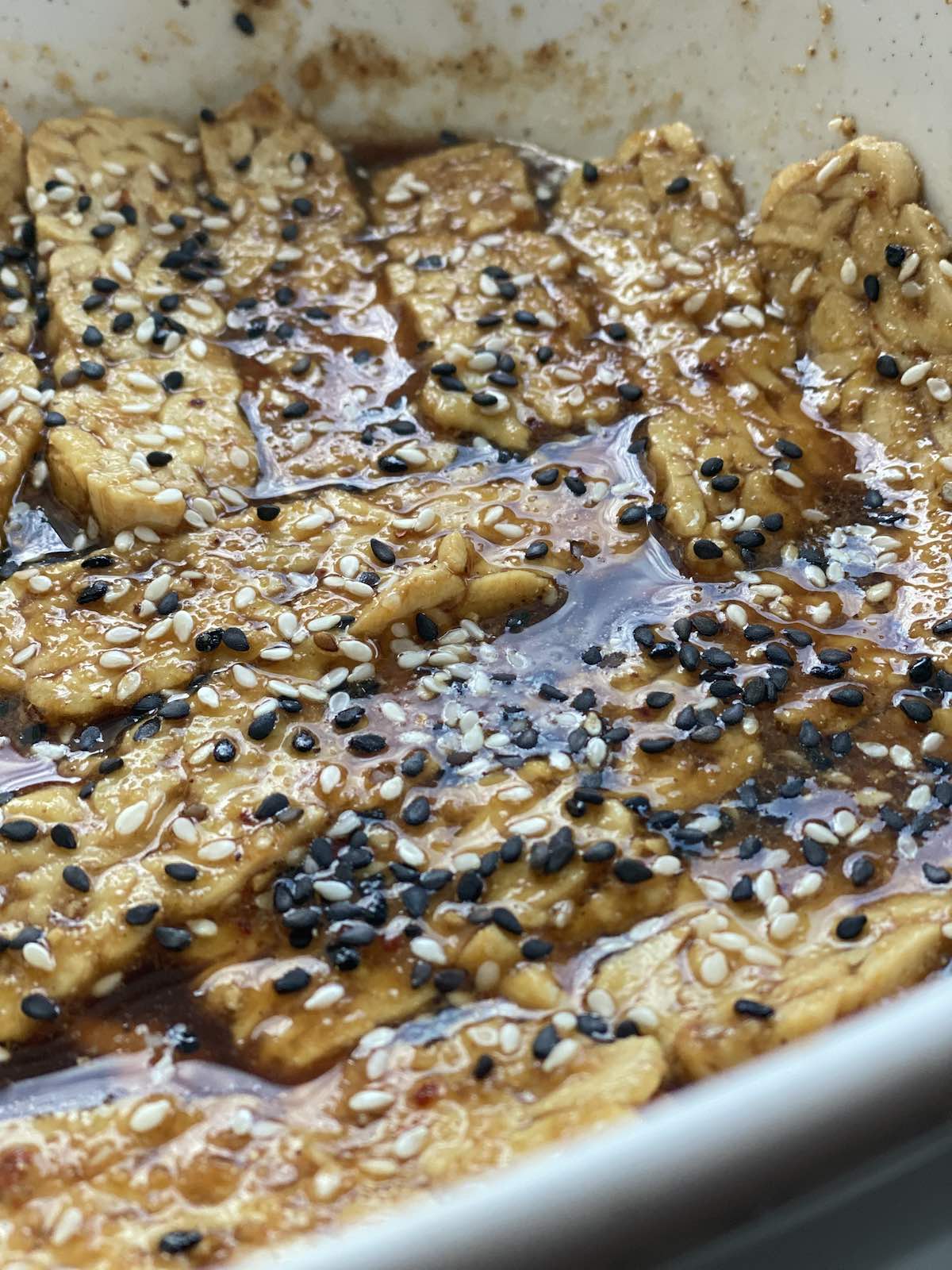 slabs of tempeh marinating.