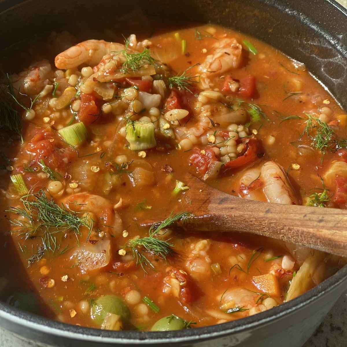 Pot of Mediterranean shrimp stew.