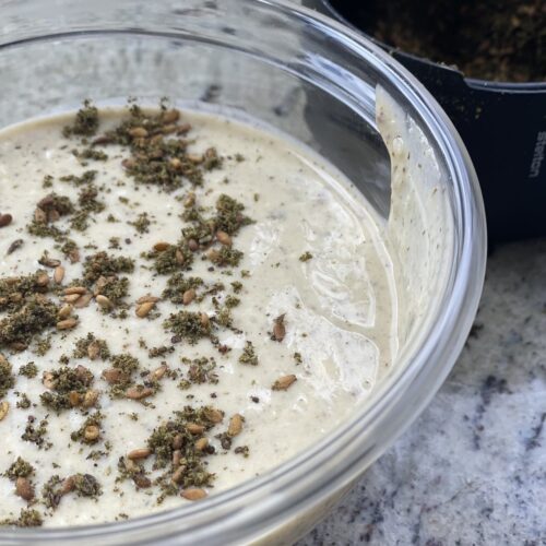 za'atar tahini feta dressing in a bowl.