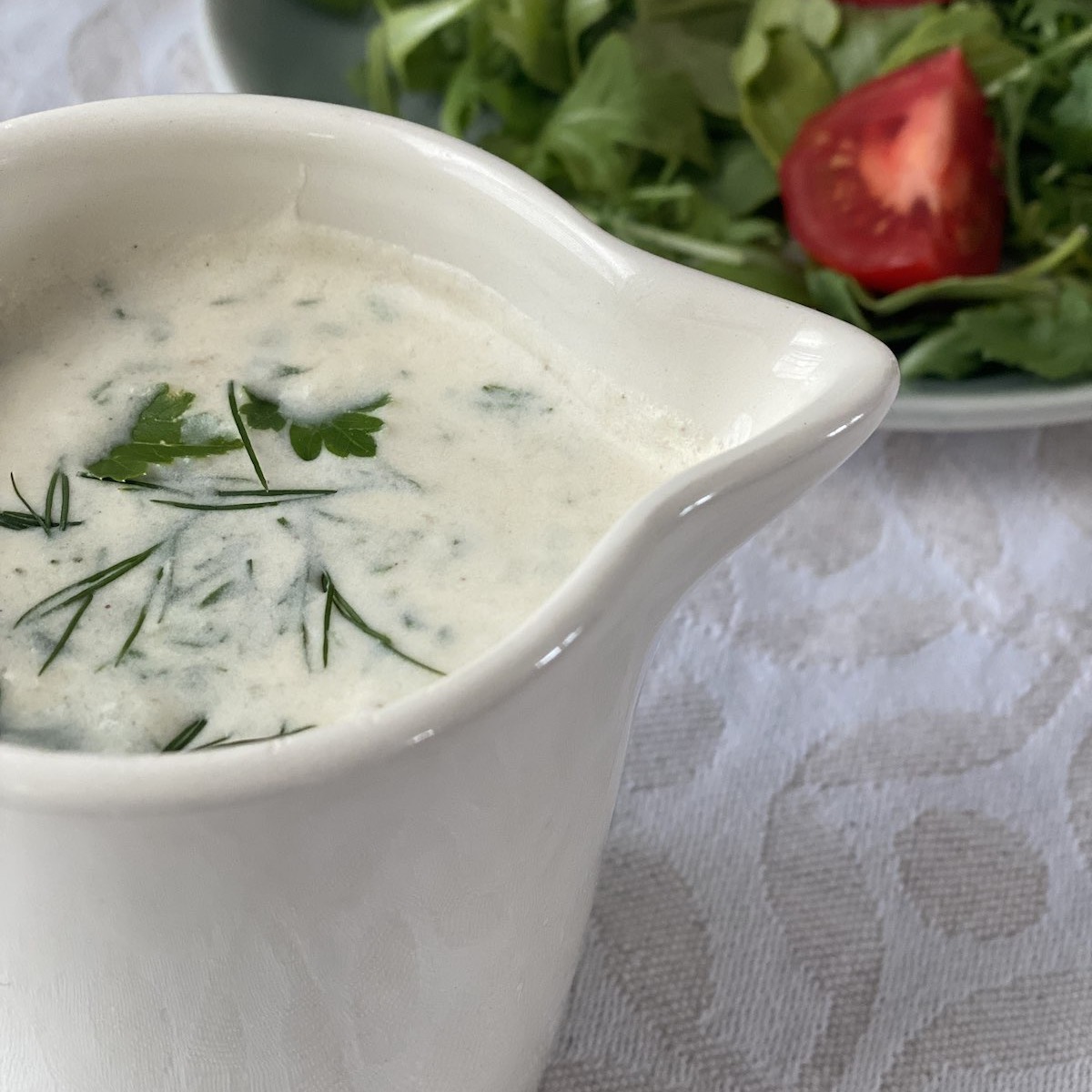 Creme Fraîche Dressing with Roasted Garlic and Herbs (No Oil)