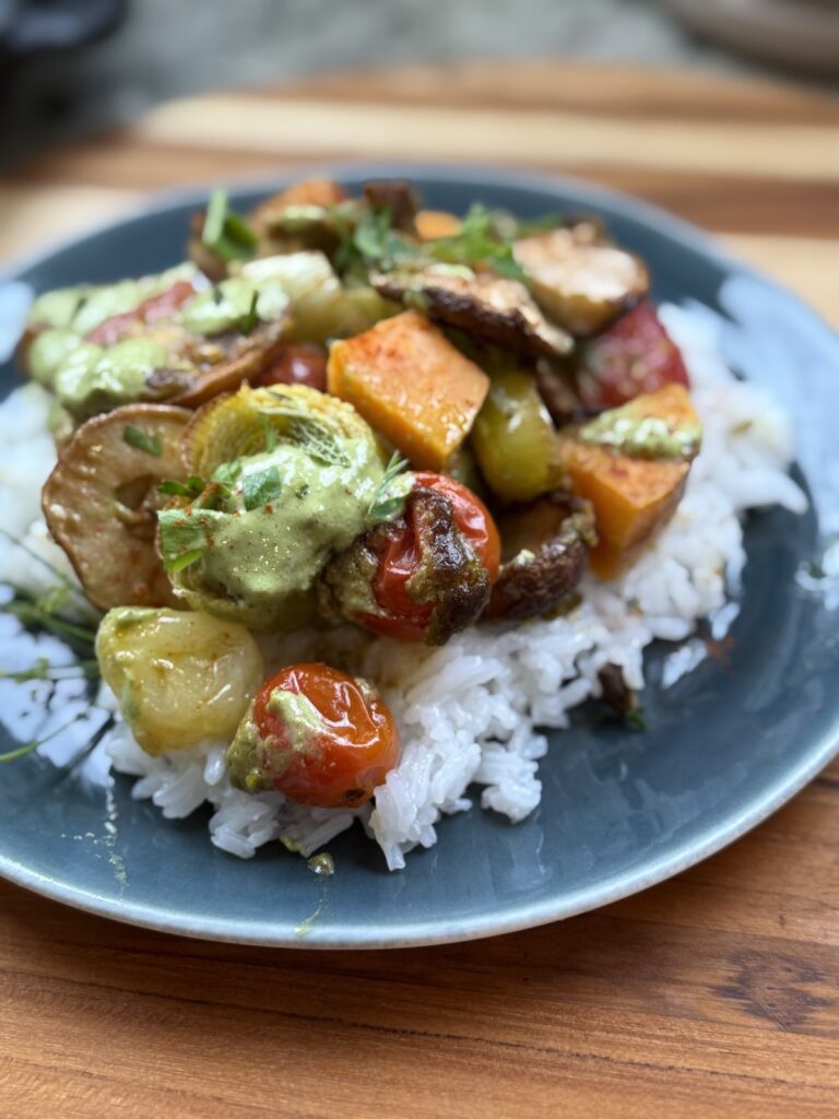 Miso Over Rice Miso Pesto Roasted Vegetables Over Jasmine Rice | Sofa Dinners