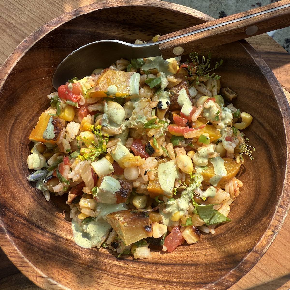 Smoky Rice Salad with Street Corn Vibes and Cilantro Lime Drizzle