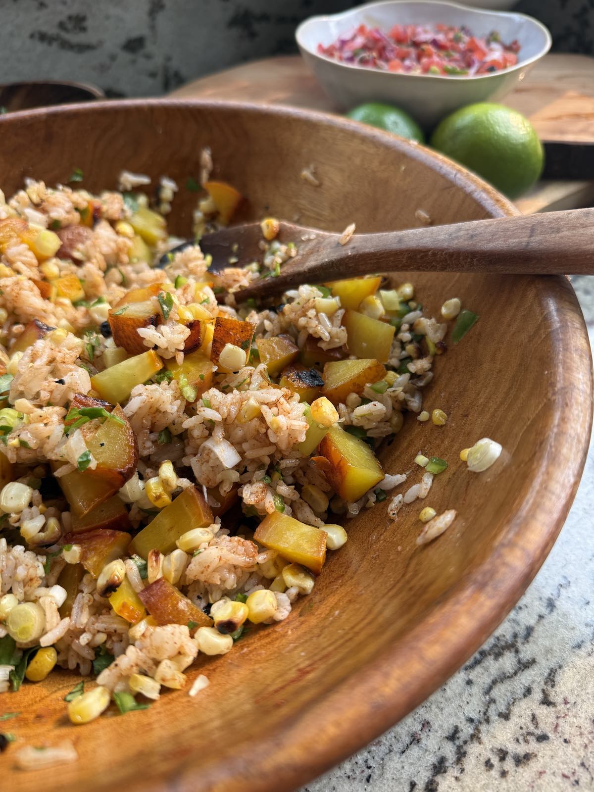 rice salad with the corn off the cob and cubed beets added in after they have been grilled.