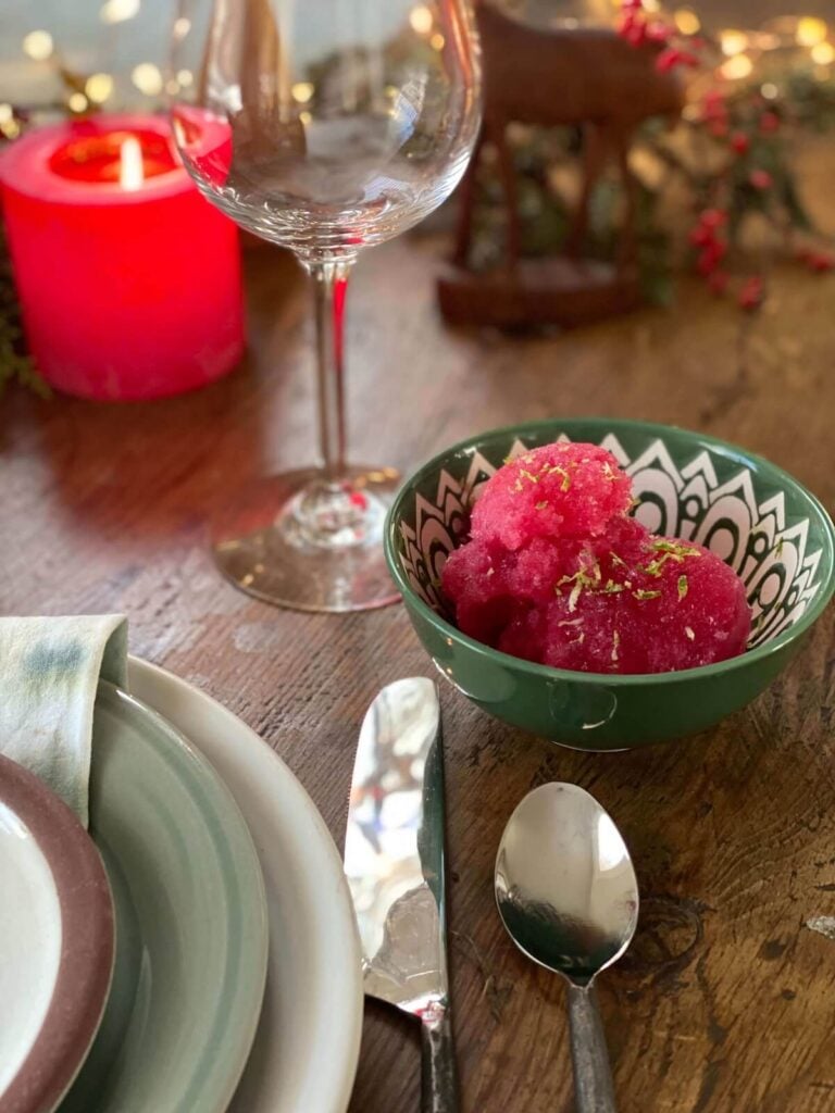 place setting at a holiday meal showing serving of cranberry ice.