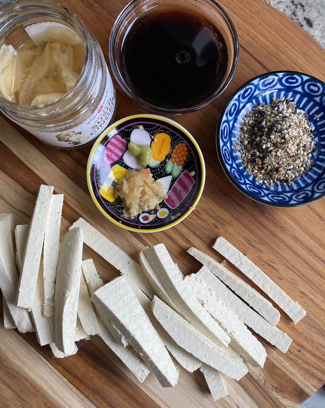 thick matchstick pieces of tofu with sushi style marinade ingredients.