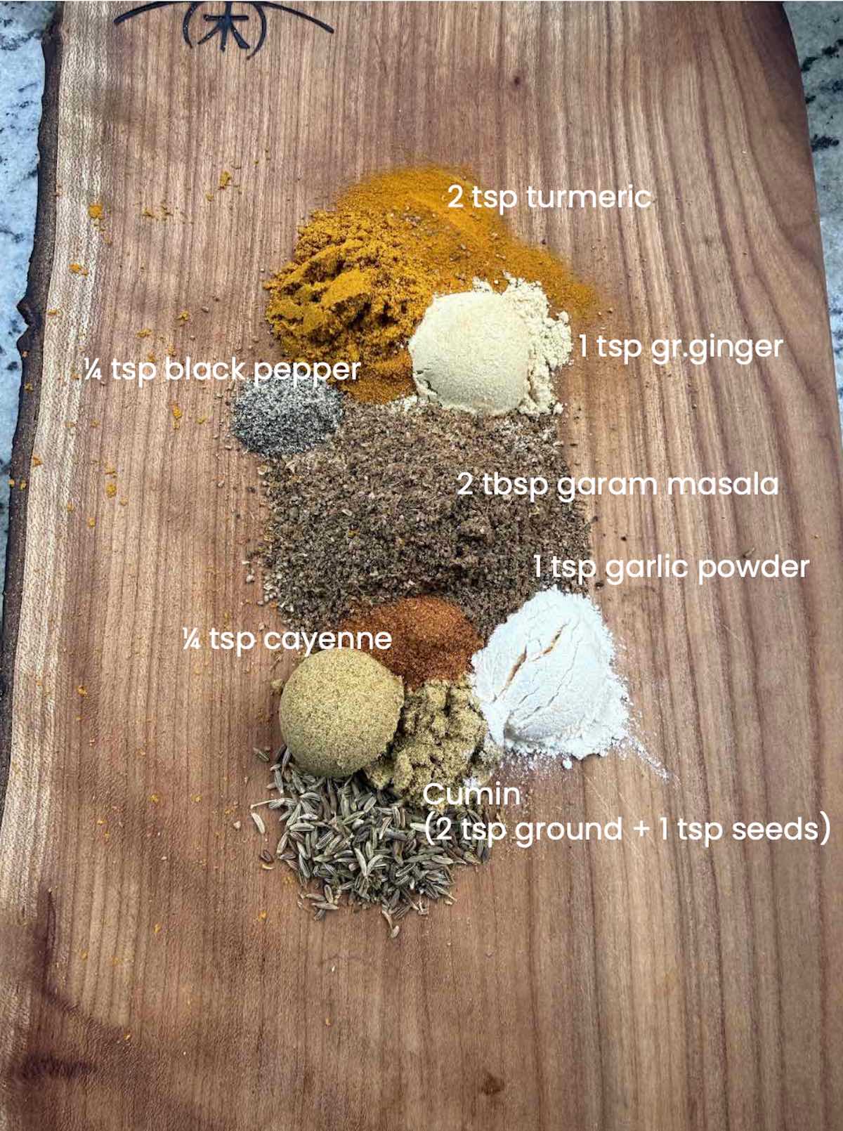overhead view of powdered spices (and some seeds) laid out and labeled with name and amount to use in spice blend recipe.