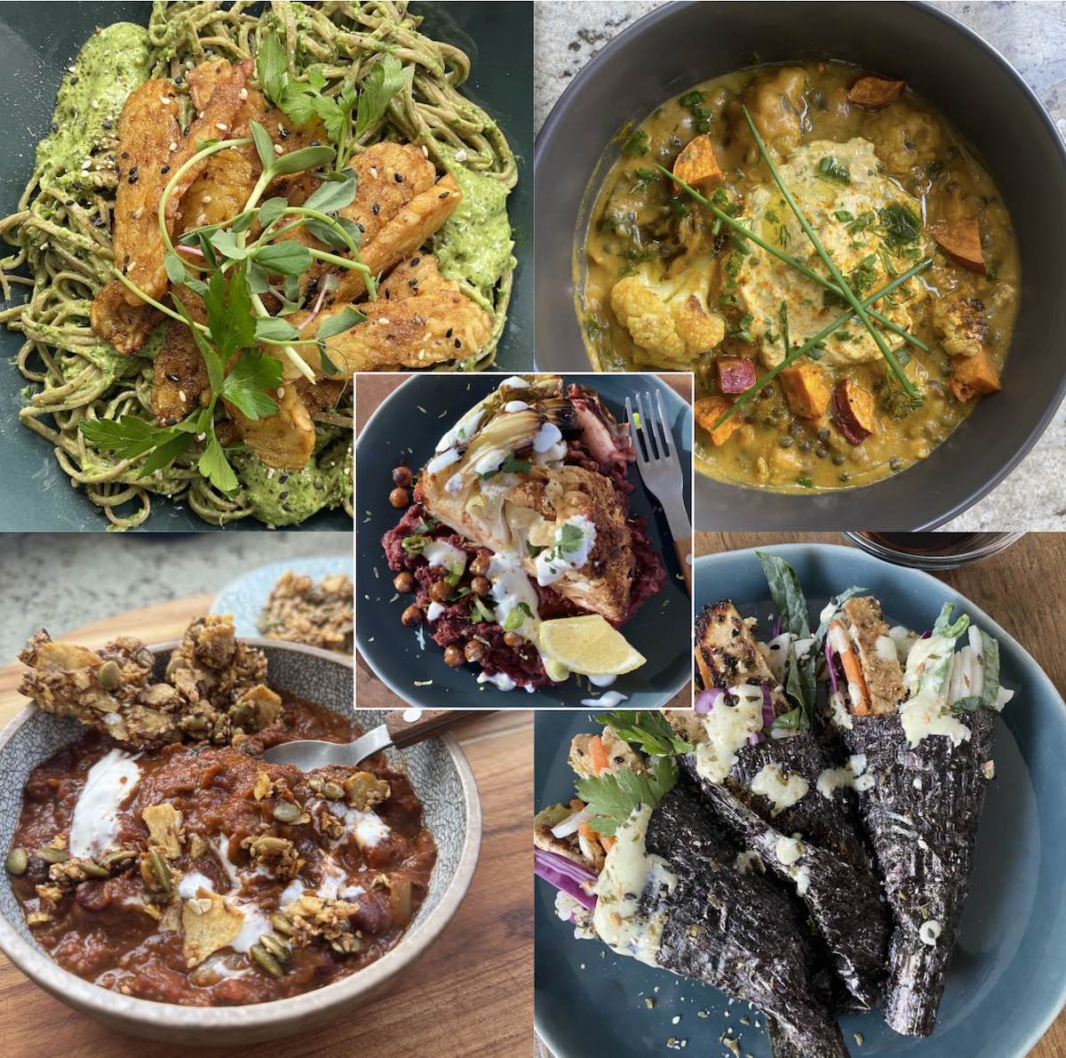 screenshots of 5 different high-protein, plant-based meals.