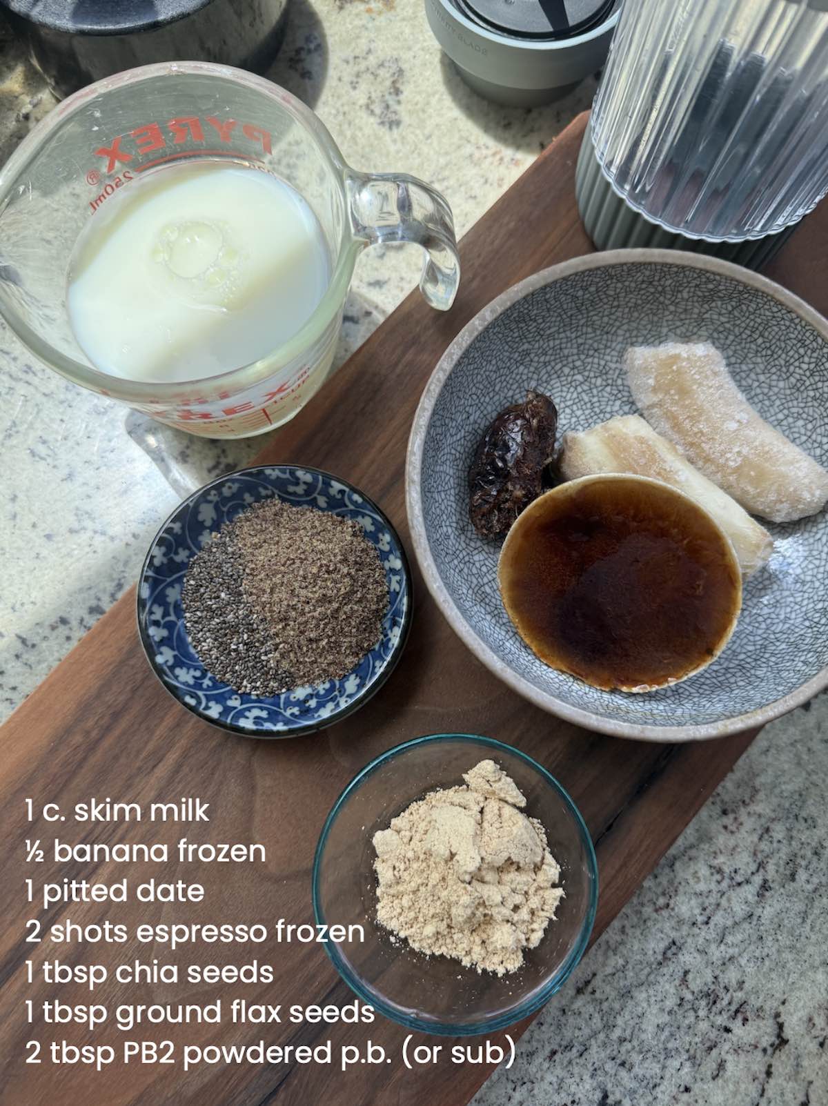 ingredients laid out for espresso protein smoothie.