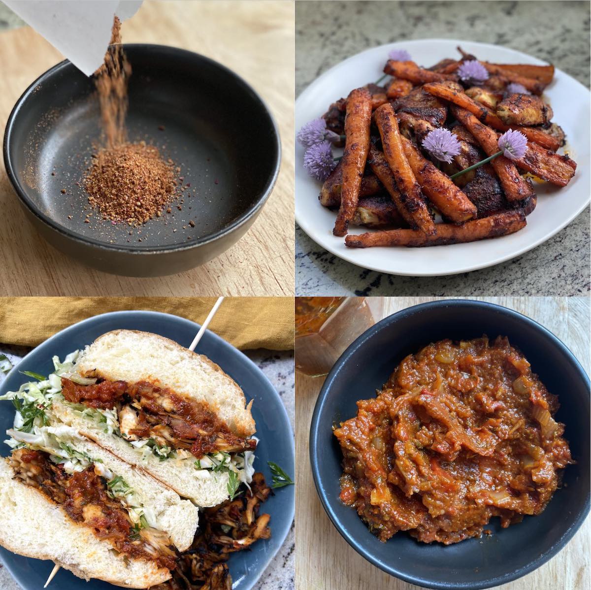 collage of four photos showing ways to cook with homemade harissa.